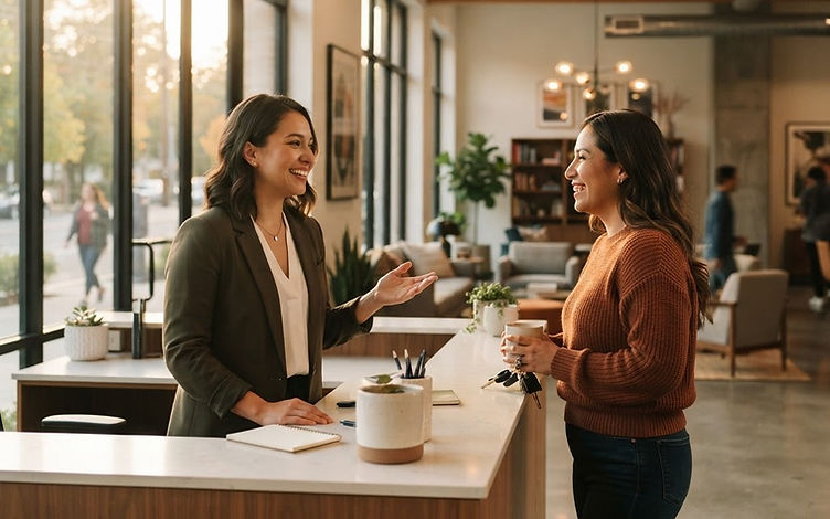 A community manager talking with a resident across a leasing office counter