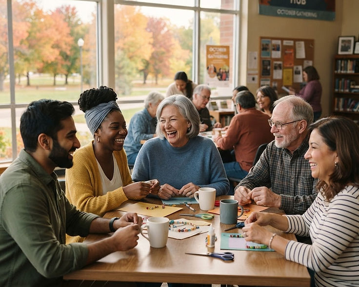Community members of different ages gathered around a table at a neighborhood center
