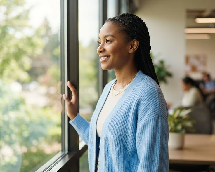 A Lakeland team member looking out a bright window with a thoughtful smile