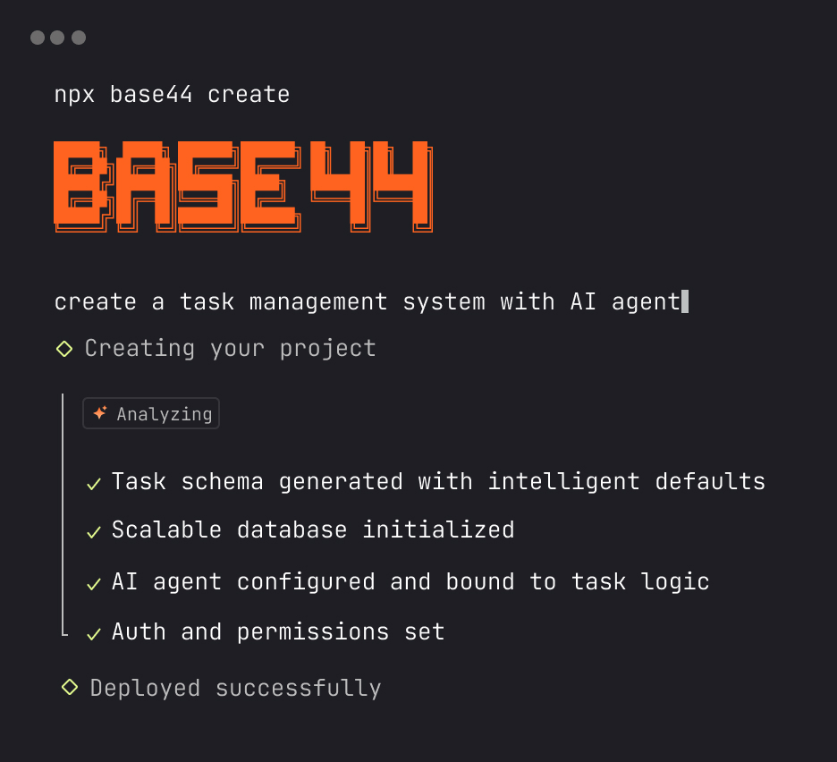 CLI del backend Base44 che genera un'app full-stack da un singolo prompt