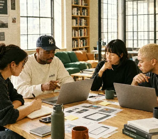 A product team working together around a laptop