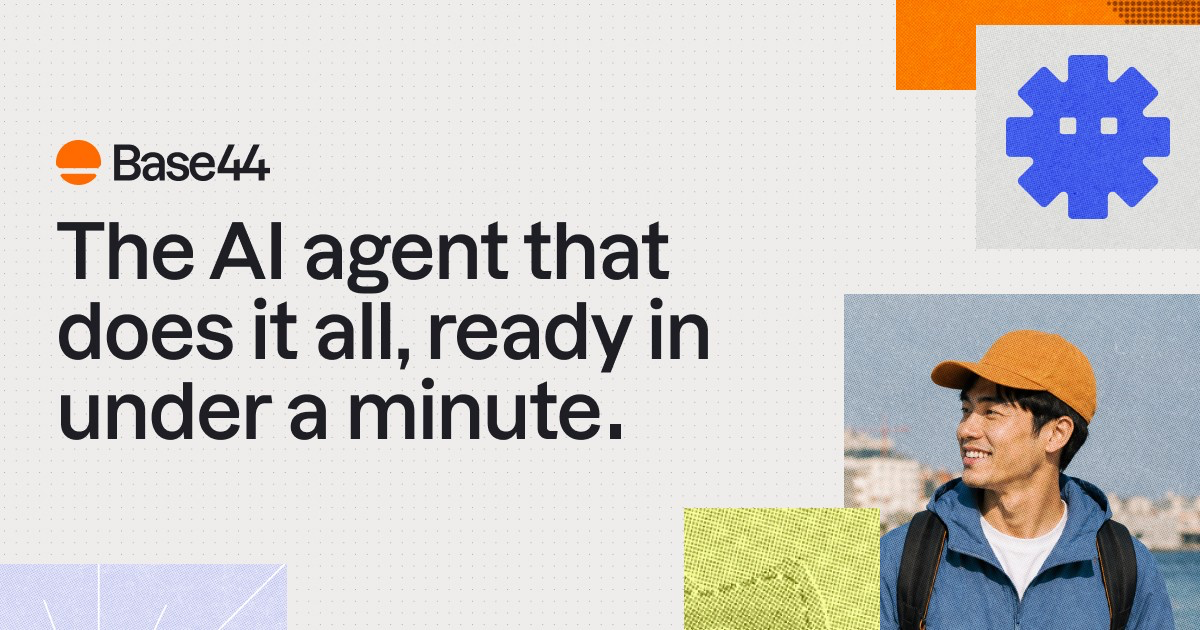 Official Base44 Superagents social preview image: 'The AI agent that does it all, ready in under a minute'