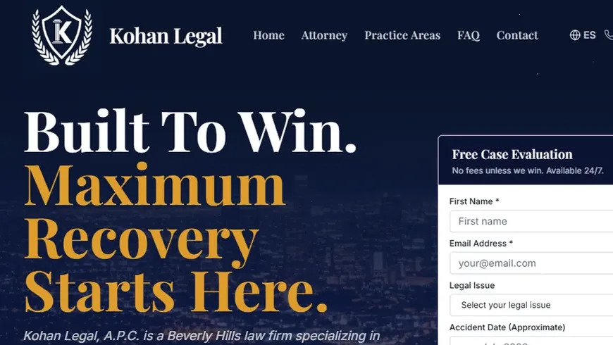 Attorney website template built with Base44 – a firm homepage with a free case evaluation form beside the headline.