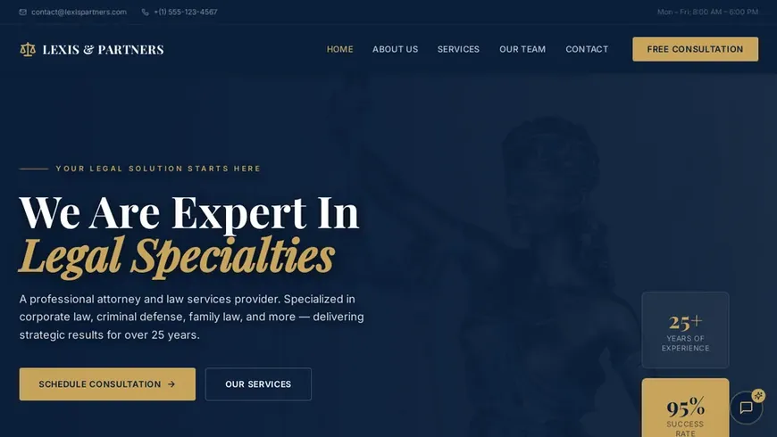 Law firm website template built with Base44 – a navy and gold firm homepage with services, team and a free consultation button.