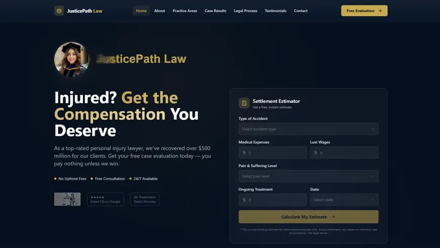 Personal injury law firm website template built with Base44 – a dark attorney homepage with a case evaluation form.