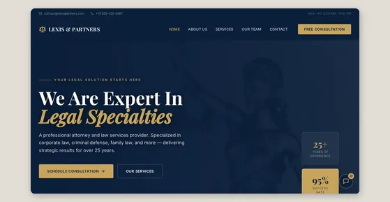 Law firm website template built with Base44 – a navy and gold firm homepage with legal services and a free consultation button