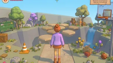 3D browser game scene with a character on a path collecting crystals