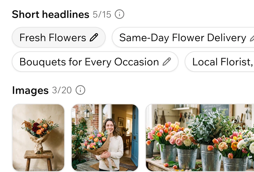 Generated ad headlines and images for a florist app in Base44, each one editable