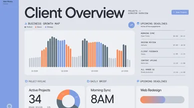 Client-overview dashboard of an internal project tool, with a growth chart and upcoming deadlines