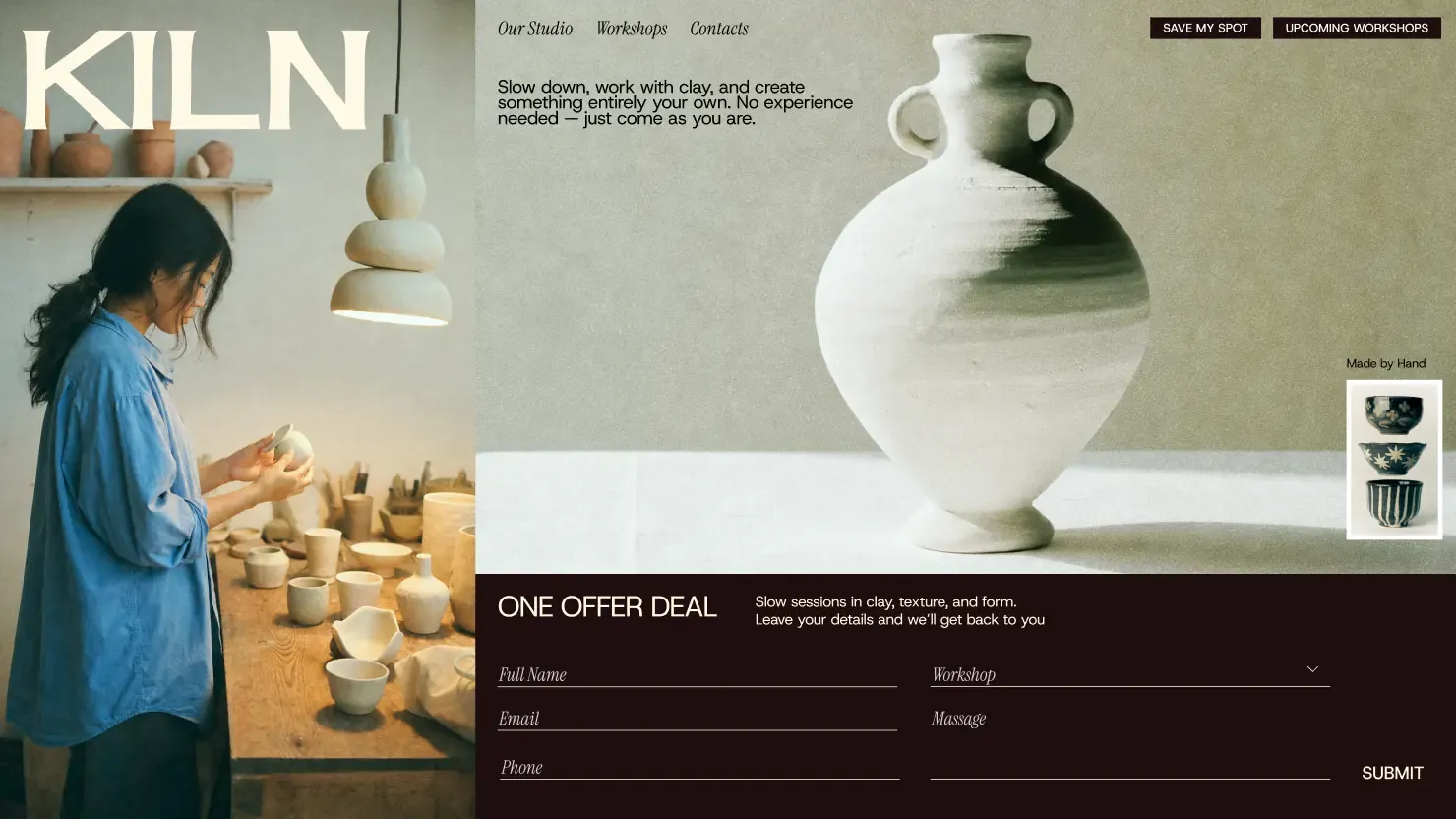 One-page pottery studio site built with Base44, with a workshop signup form