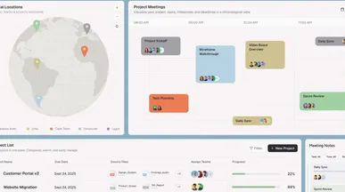 Project-management workspace with a project list, progress bars and a meeting timeline