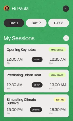 An event-schedule app built from a template, listing each session with its start time, duration and stage