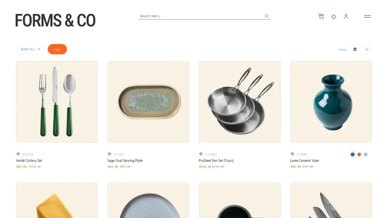 Tableware shop built with Base44, showing a product grid of cutlery, plates and pans with prices