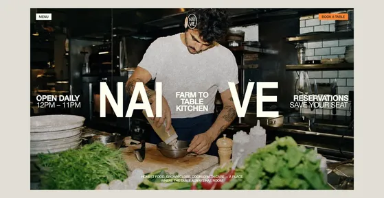 A farm-to-table restaurant website hero with opening hours and a book-a-table button