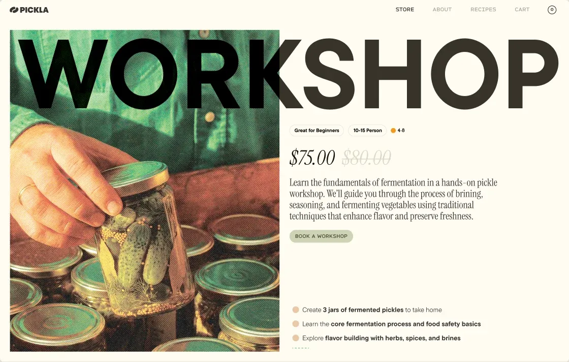 Business website built with Base44 – a pickle workshop page with the class description, price and a Book a workshop button