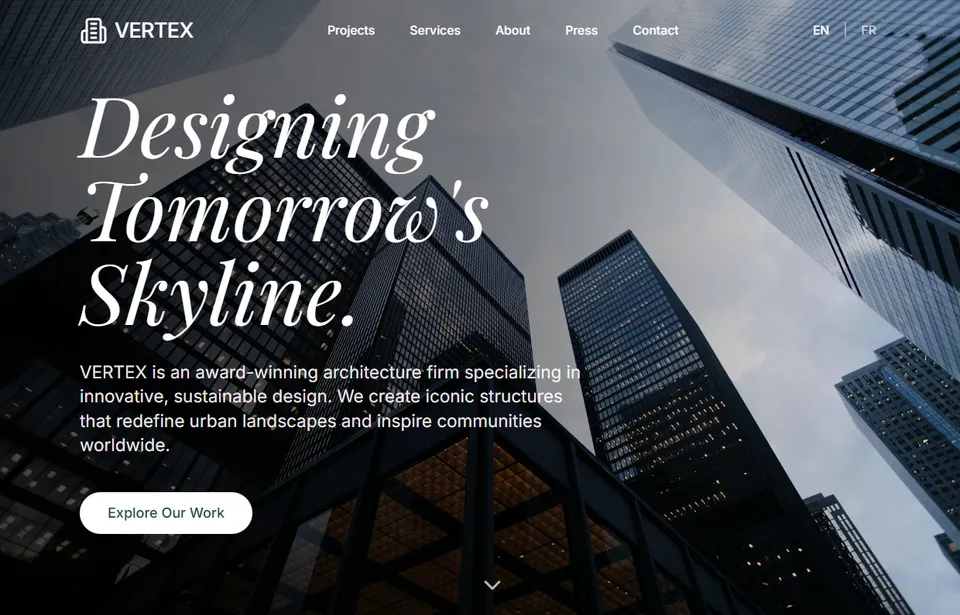 Business website template built with Base44, showing an architecture firm homepage