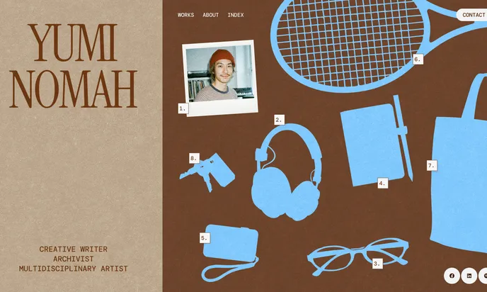 A creator's bio website built with Base44 – works shown as illustrated objects, with a contact button