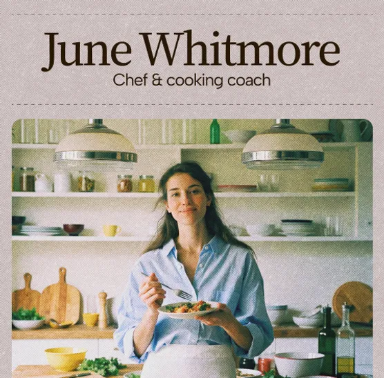 Link in bio page for a chef and cooking coach built with Base44 – name and a portrait in the kitchen