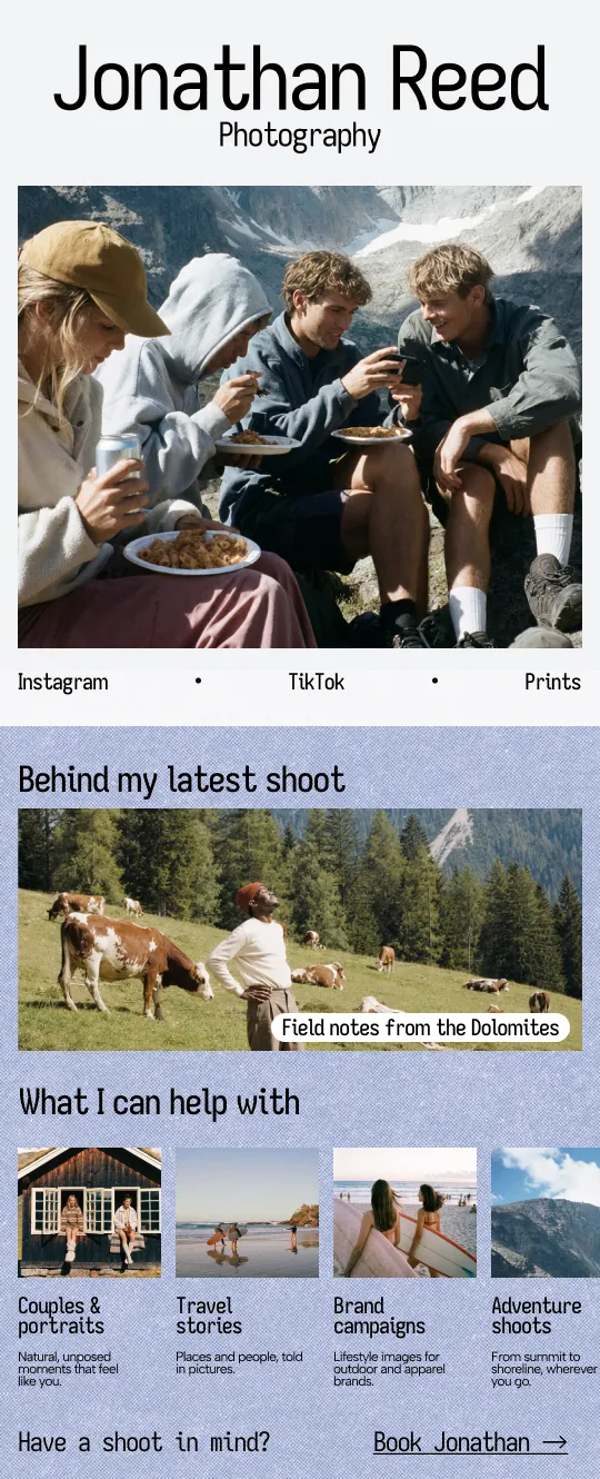 A link in bio page built with Base44 – links, social icons and a featured block on one phone-sized page