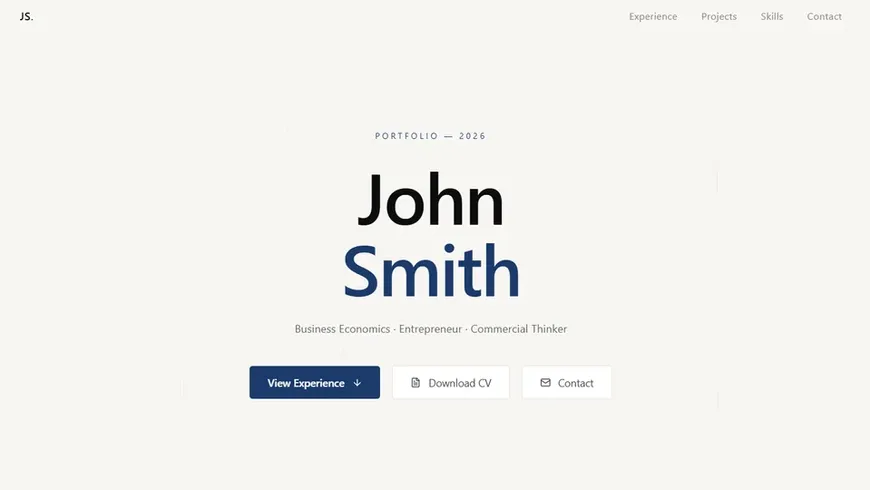 Personal one-page website template built with Base44 – bio, experience and contact links.