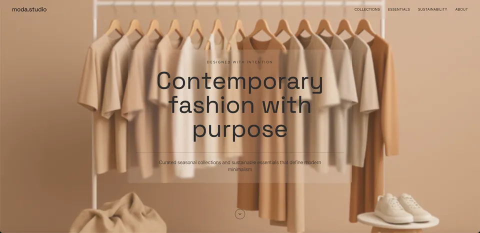 Portfolio website template built with Base44, showing a fashion studio homepage