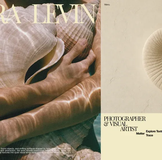 A photographer's portfolio site: a full-bleed project image beside a visual-artist bio and a link to the full collection