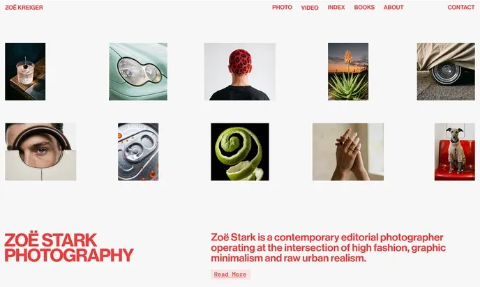 A portfolio website home page: a ten-image project grid above the studio name and an editorial intro