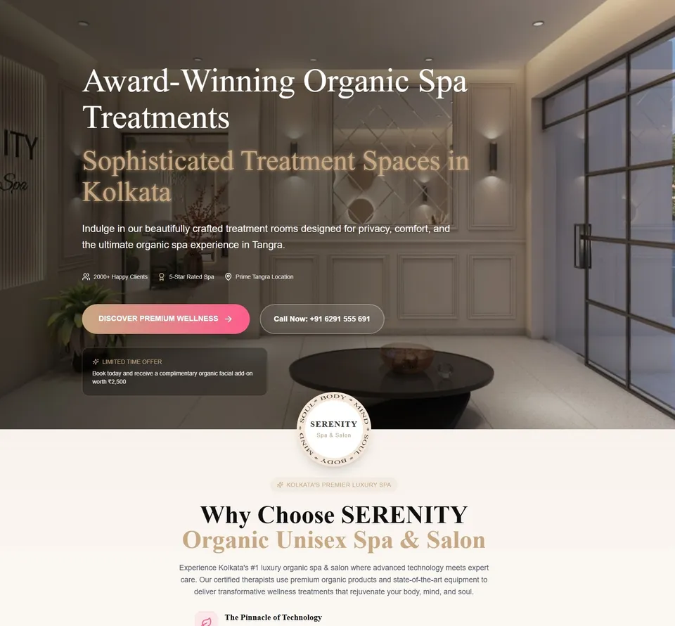 Service business website template built with Base44, showing a spa and salon homepage