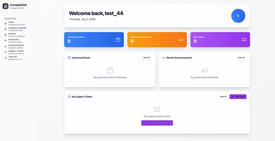 Team portal template built with Base44, showing an employee portal dashboard