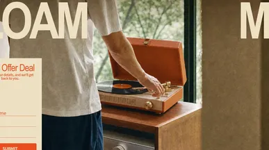 Product landing page for a portable record player, with a lead form