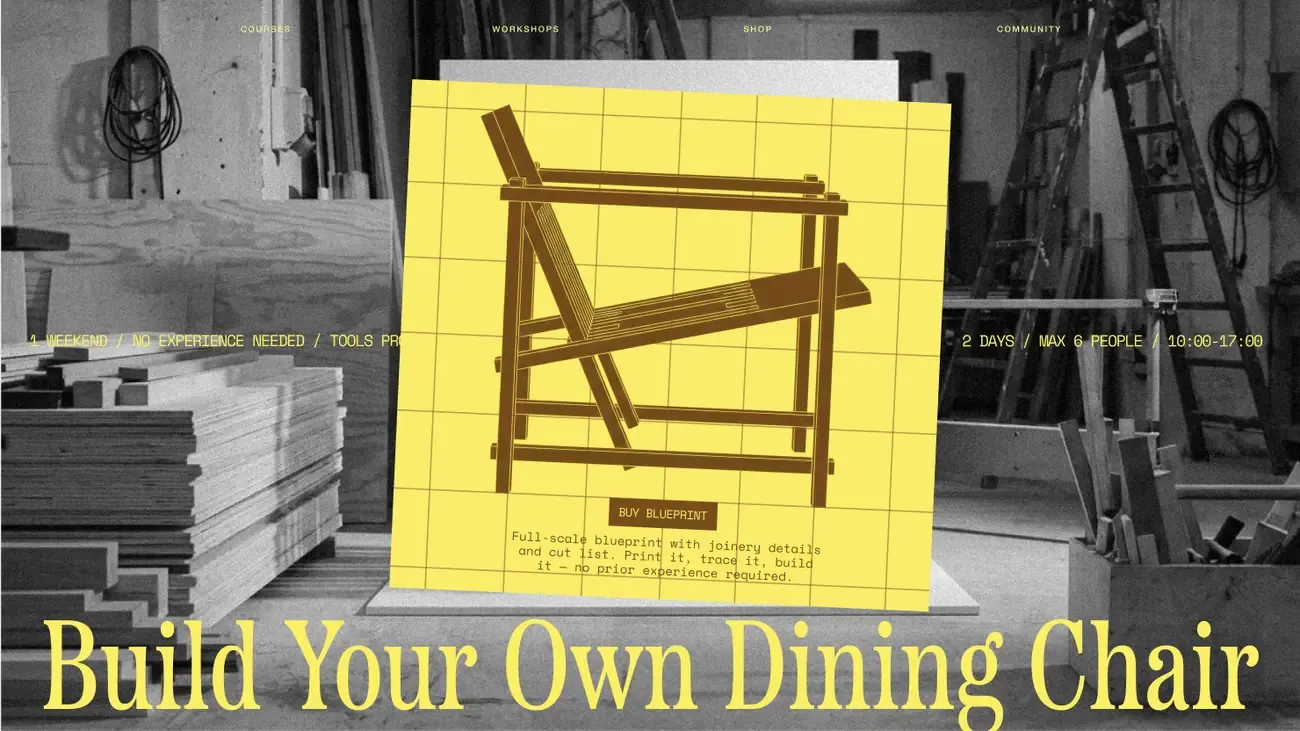 Woodworking course site built with Base44, selling a dining chair blueprint