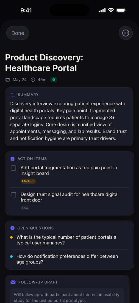 Momentus notes list showing structured meeting summaries