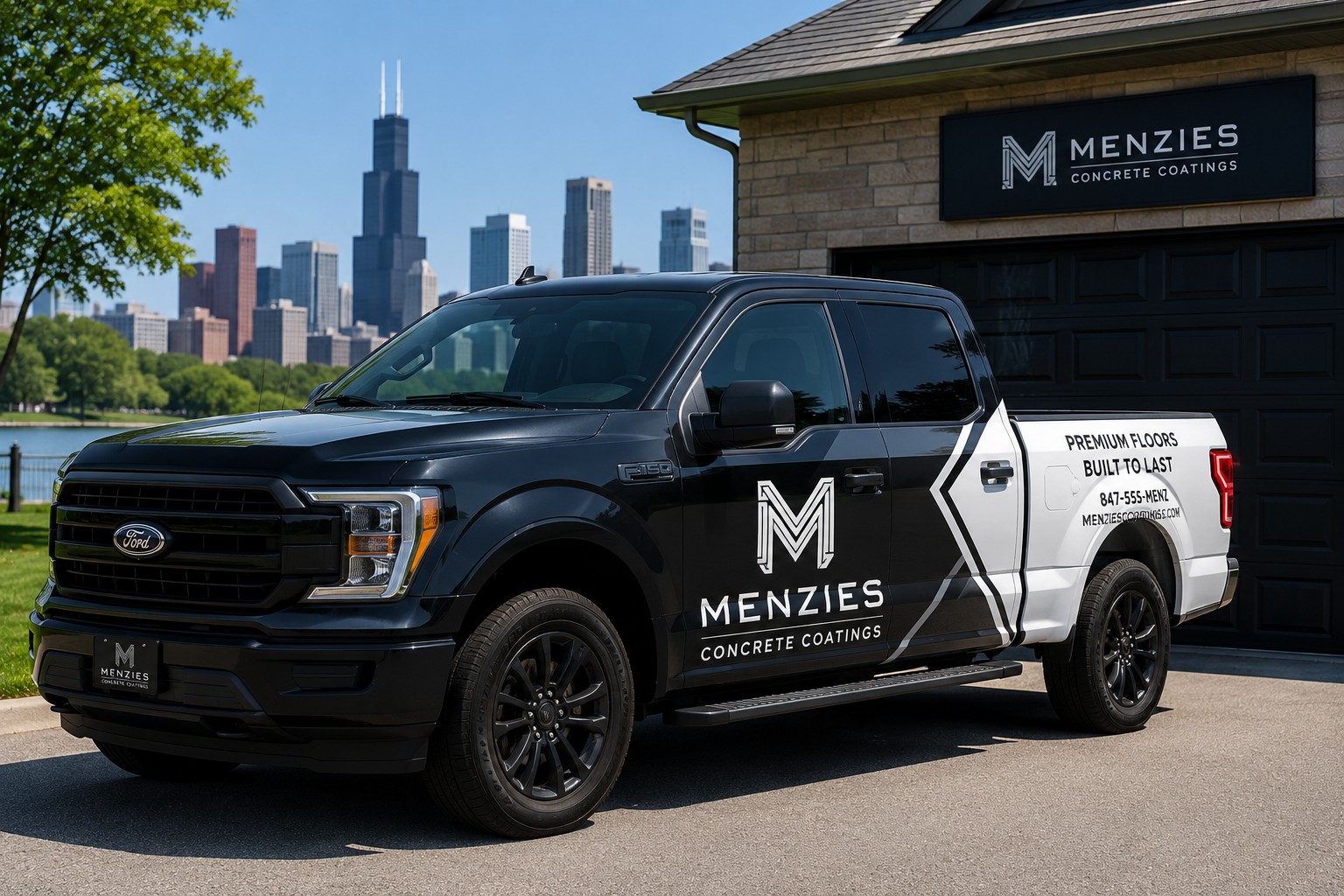 Menzies Concrete Coatings branded F-150 truck with Chicago skyline