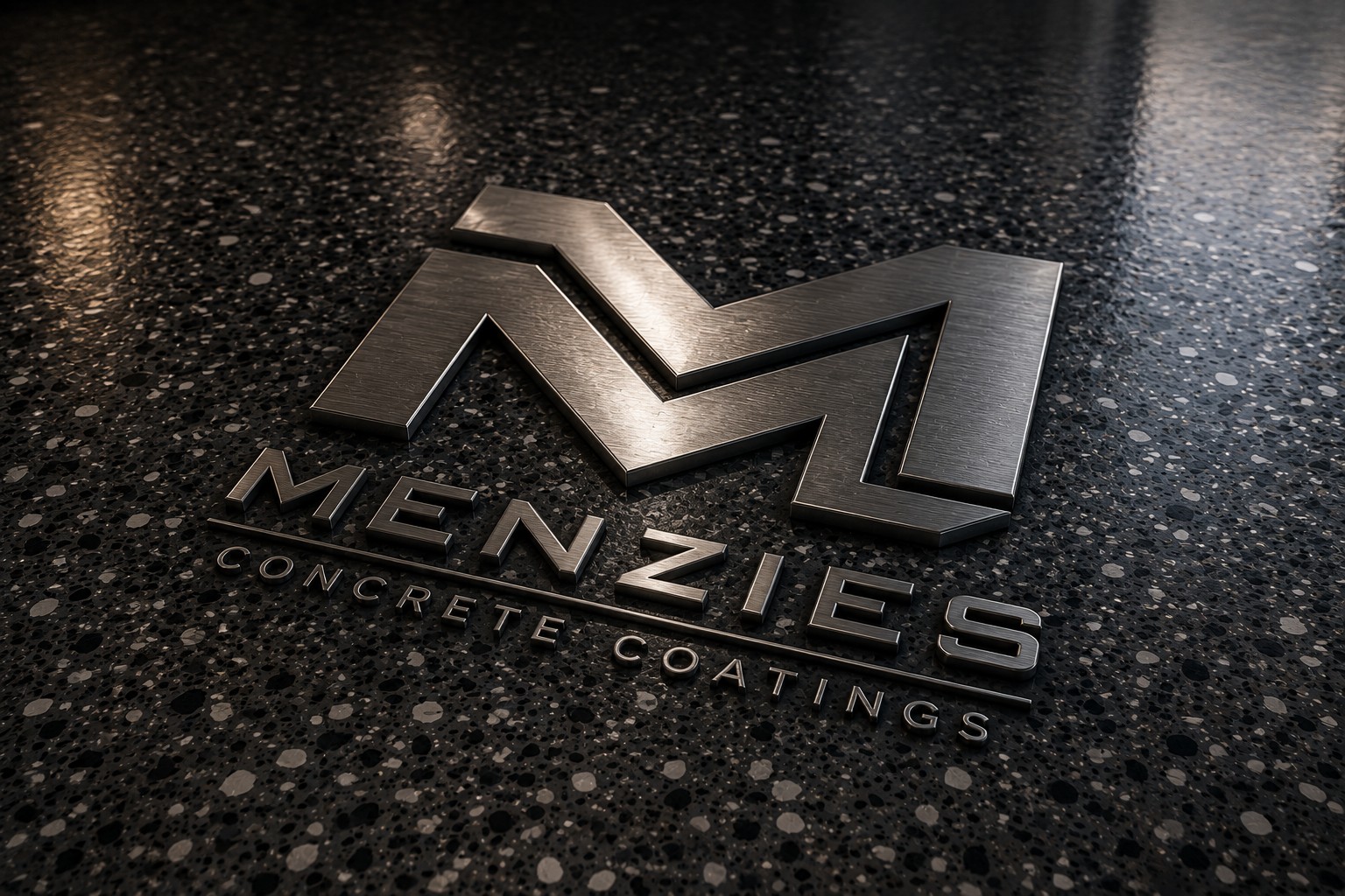 Menzies metallic emblem on a high-gloss polyaspartic floor