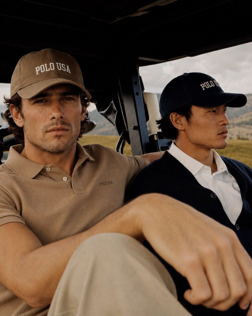Polos e bonés POLO USA no carrinho de golfe