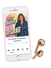 Co-Create podcast playing on a phone with rose-gold earbuds