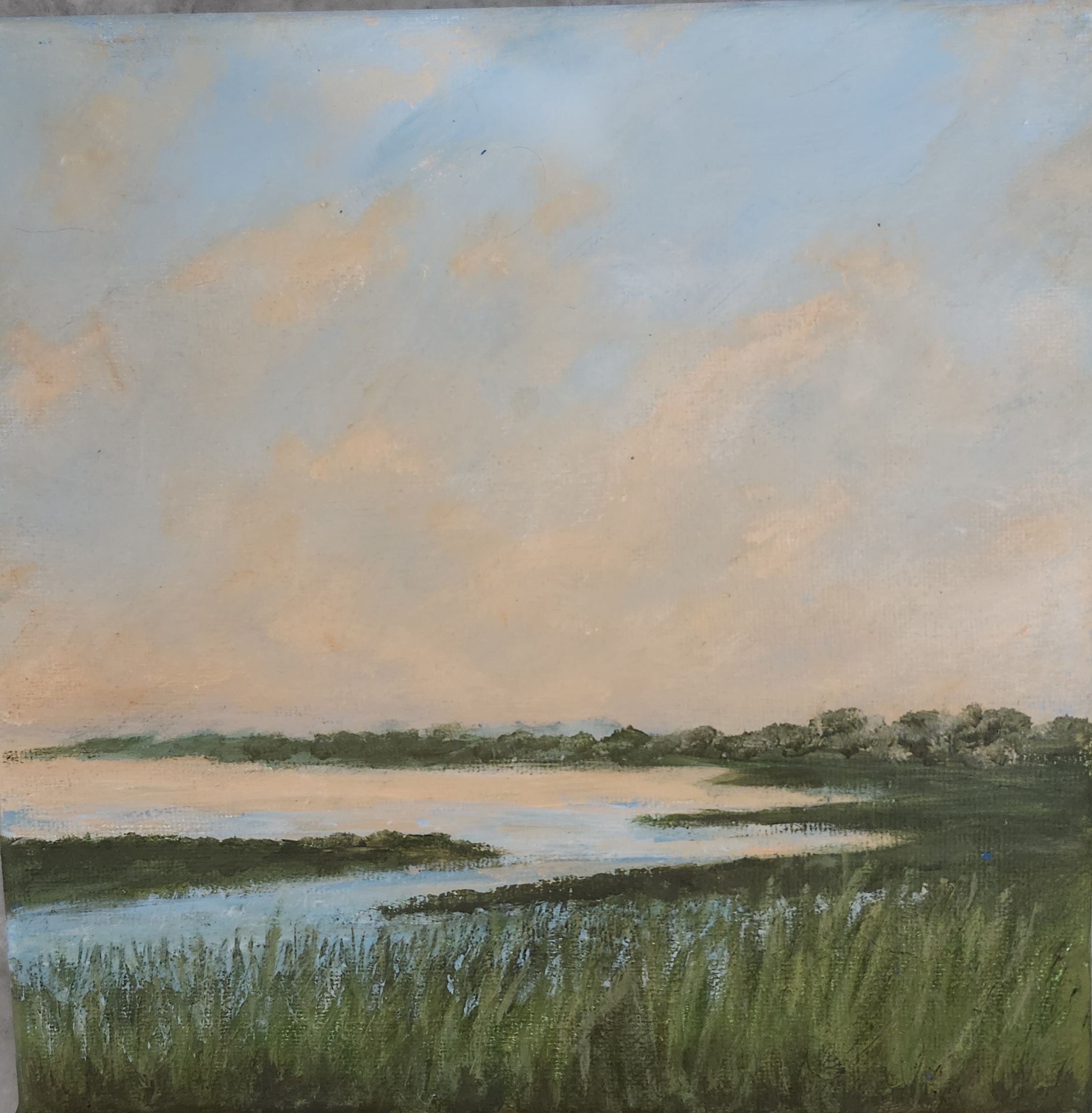 Low-horizon wetland painting with pale blue sky and soft peach sunset clouds over sage-green marsh grasses.
