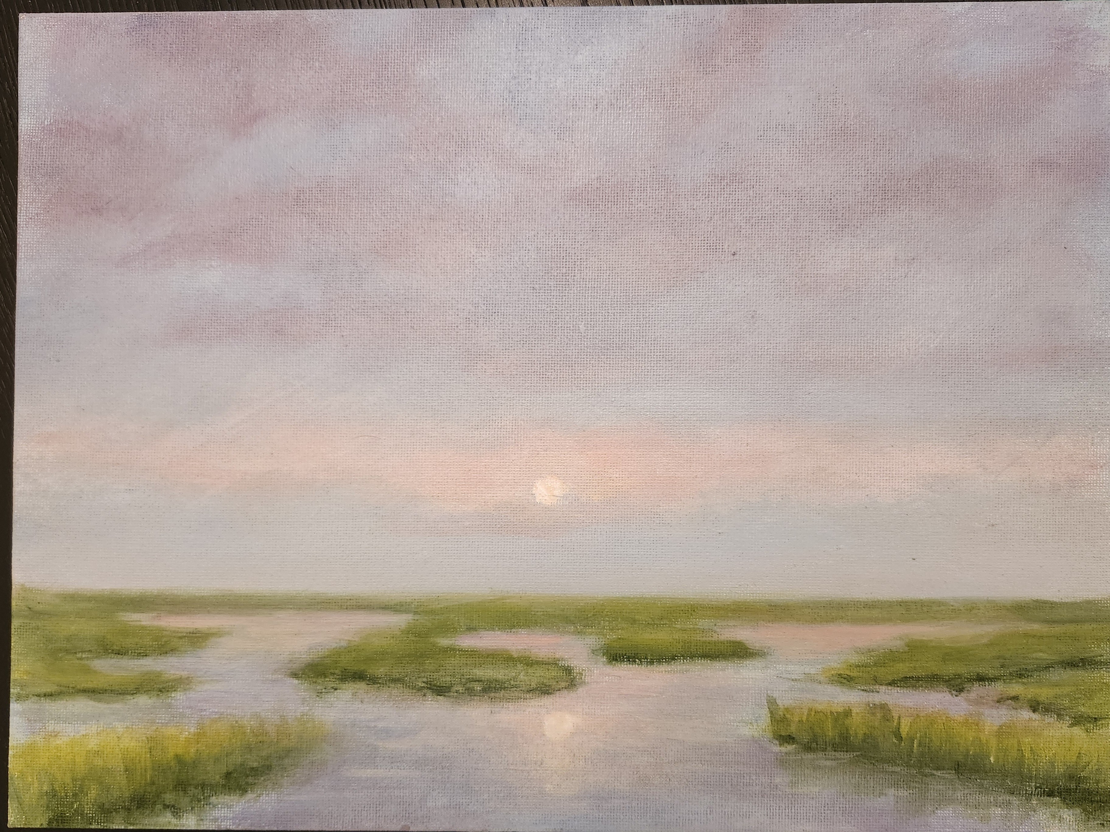 Atmospheric marshland at dusk with a soft glowing moon above the horizon, mauve-grey sky and pale peach warmth.