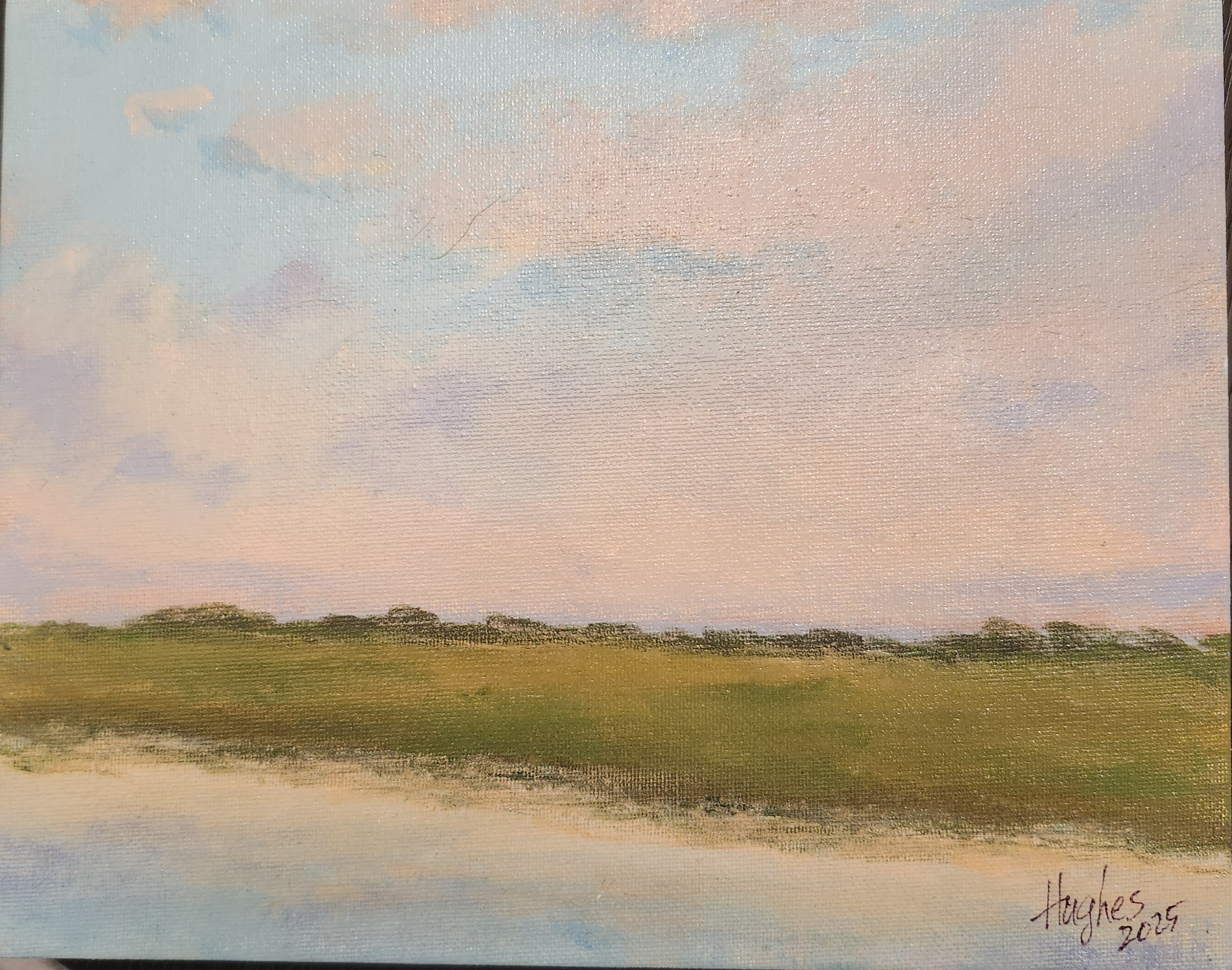 Twilight marshland painting with a pale cerulean sky fading to peachy gold, wispy lavender clouds and reflective blue-grey water.