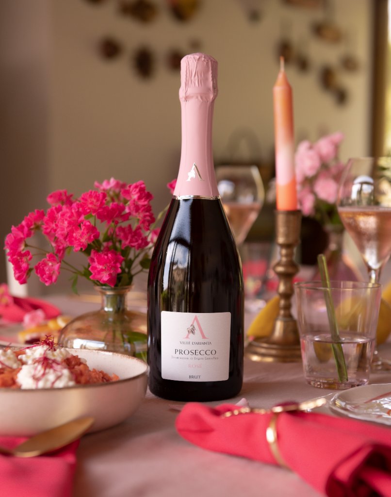 Chilled Prosecco DOC Rosé glass on dining table — buy wine in Malta from Magnum Solutions