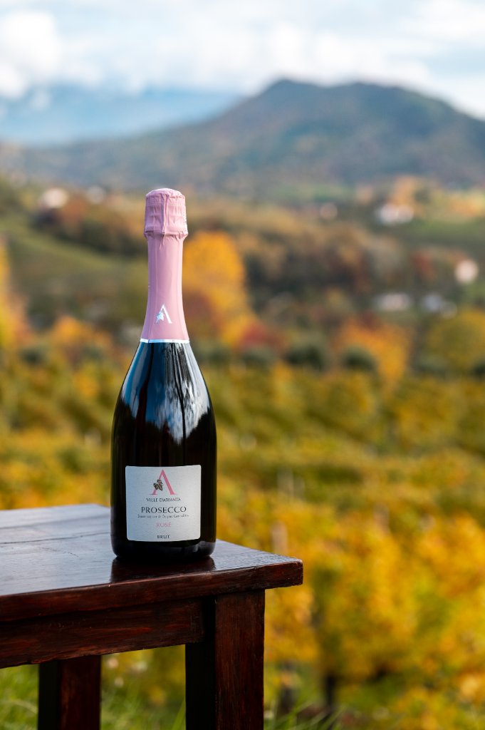 Ville D'Arfanta Prosecco Rosé bottle with autumn vineyard — premium Italian wine importer Malta