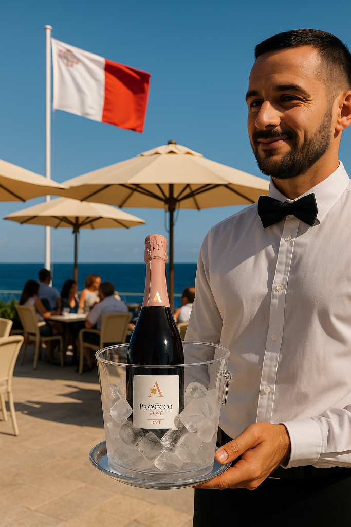 Professional waiter serving Ville D'Arfanta Prosecco Rosé at a restaurant in Malta — wholesale wine supplier