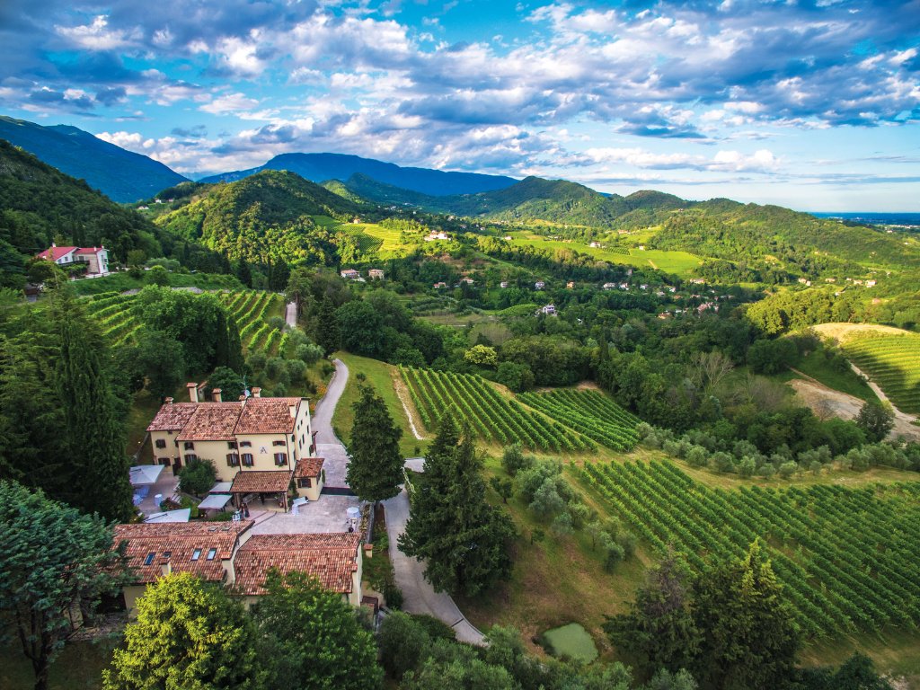 Aerial drone view of Ville D'Arfanta vineyard estate in Veneto, Italy — source of Prosecco for Malta wine importer