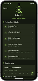 Perfil do Rafael no ERMEST, Nível 1 Consistência, com meta de peso 95 kg, bloco Mounjaro e similares usando Tirzepatida, plano alimentar e plano de treino criados com IA