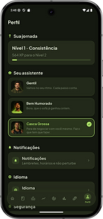 Tela do assistente ERMEST com os três tons de coach: Gentil, Bem Humorado e Casca Grossa selecionado com borda lime
