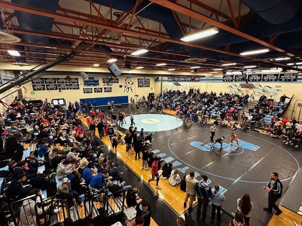 Wrestling action at Iron Horse Duals