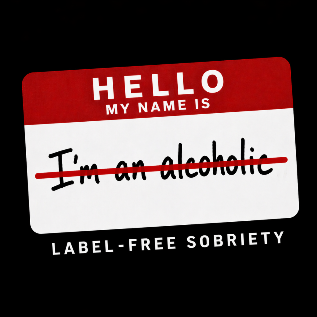 Label-Free Sobriety — Hello my name is tag with 'I'm an alcoholic' struck through
