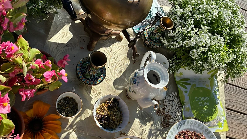 The vintage Slavic samovar and porcelain teapot on the garden table, bougainvillea behind