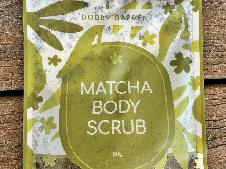 The loose botanicals inside Matcha Body Scrub