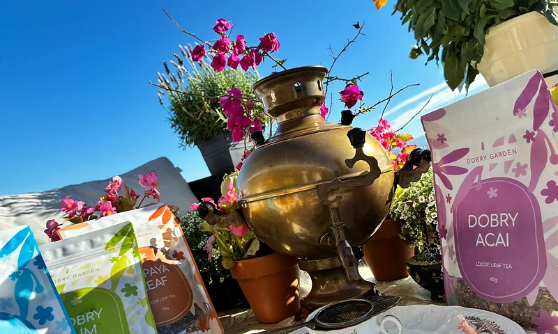 A vintage teacup and strainer beside the samovar overlooking the valley